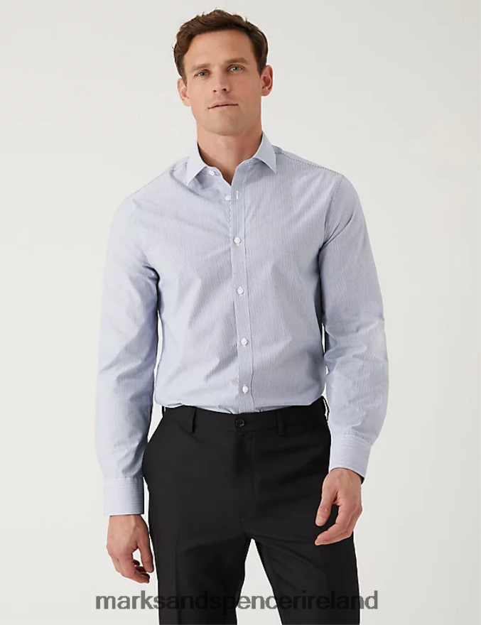 Marks & Spencer Men 2pk Slim Fit Easy Iron Long Sleeve Shirts Blue Mix Clothing 2VJ8DF5120