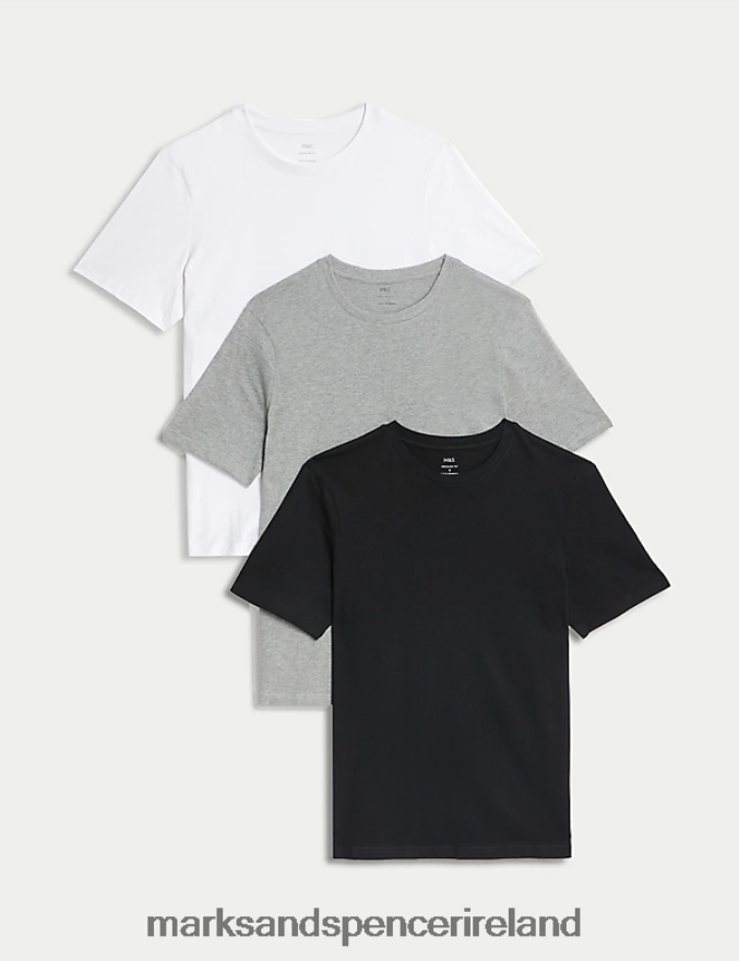 Marks & Spencer Men 3pk Pure Cotton Crew Neck T-Shirts Grey Mix Clothing 2VJ8DF5093