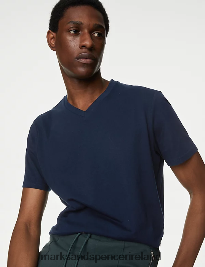 Marks & Spencer Men 3pk Pure Cotton V-Neck T-Shirts Navy Mix Clothing 2VJ8DF4935