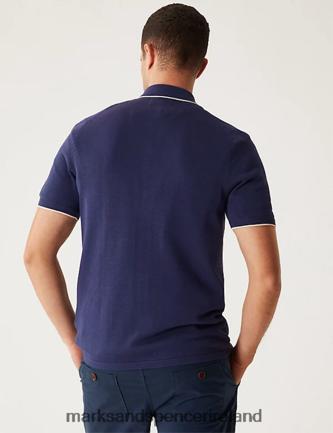 Marks & Spencer Men Cotton Modal Striped Knitted Polo Shirt Dark Blue Mix Clothing 2VJ8DF4864