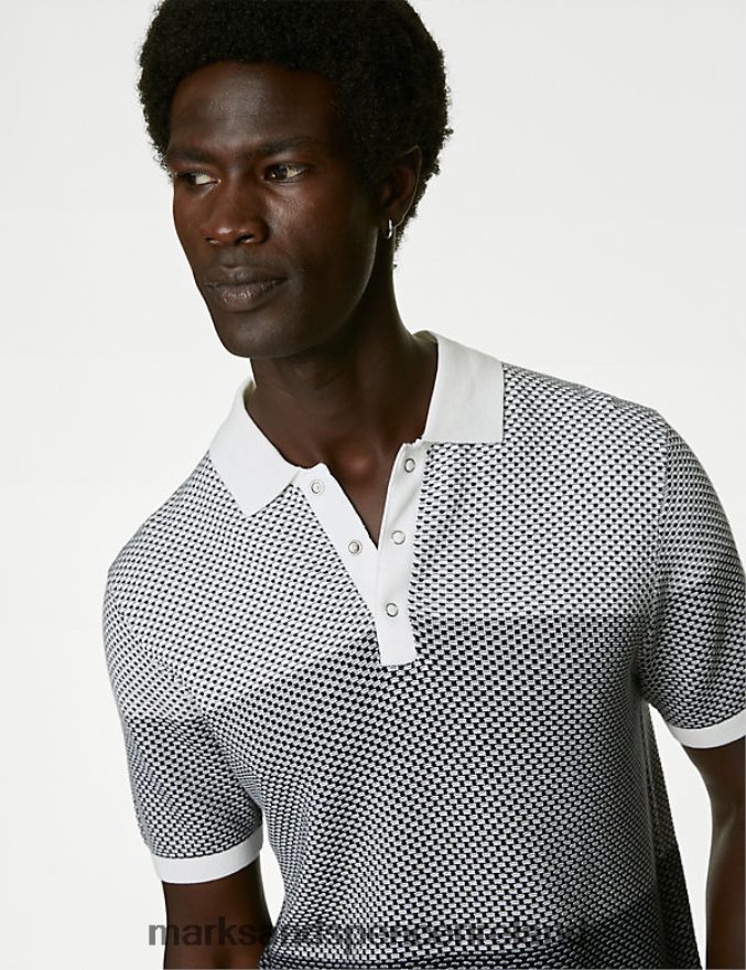 Marks & Spencer Men Cotton Modal Textured Knitted Polo Shirt Dark Navy Mix Clothing 2VJ8DF5523