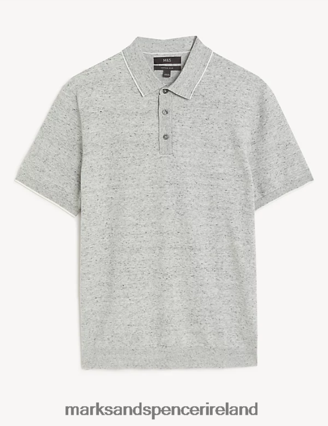 Marks & Spencer Men Cotton Rich Short Sleeve Knitted Polo Shirt Grey Mix Clothing 2VJ8DF6683