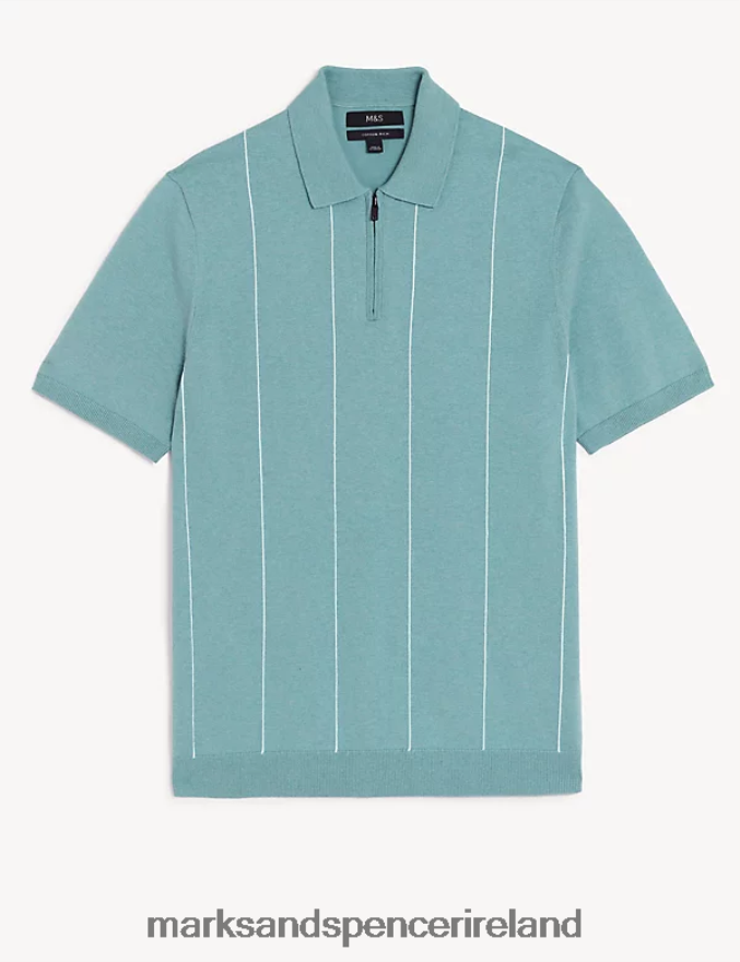 Marks & Spencer Men Cotton Rich Striped Knitted Polo Shirt Dusted Aqua Clothing 2VJ8DF6884