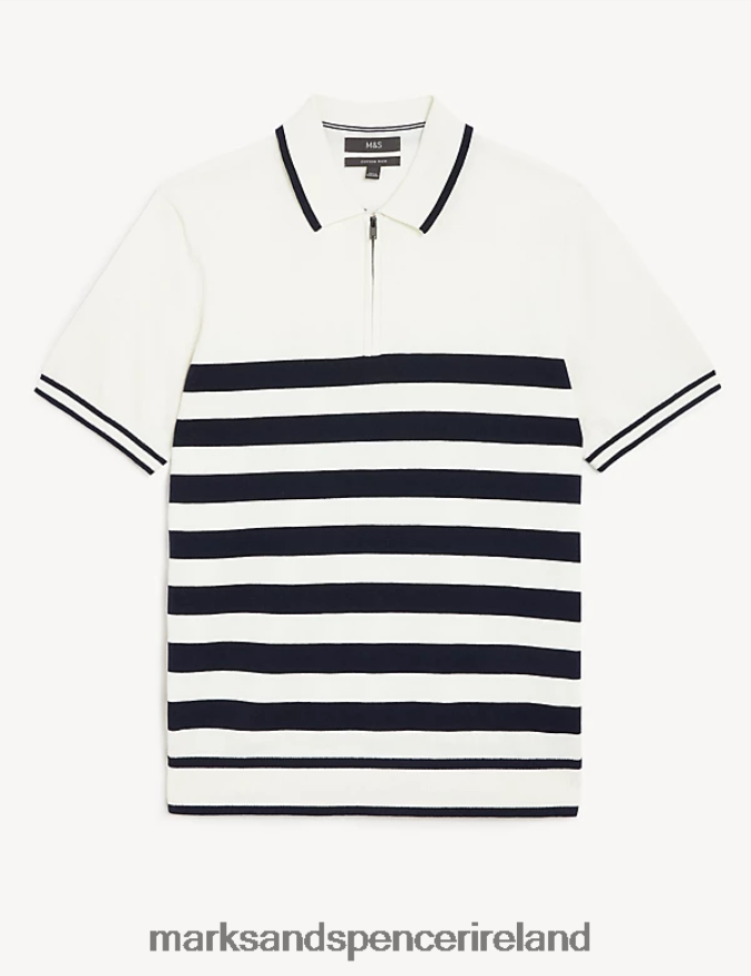 Marks & Spencer Men Cotton Rich Striped Knitted Polo Shirt Ecru Mix Clothing 2VJ8DF5493