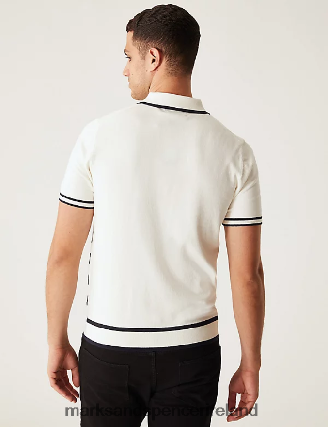 Marks & Spencer Men Cotton Rich Striped Knitted Polo Shirt Ecru Mix Clothing 2VJ8DF5493