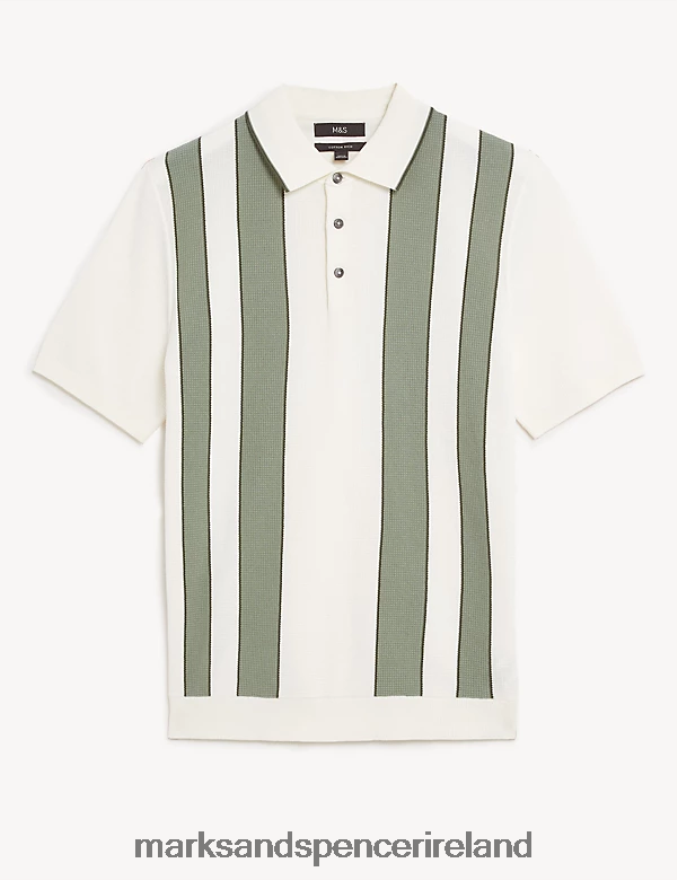Marks & Spencer Men Cotton Rich Striped Knitted Polo Shirt Ecru Mix Clothing 2VJ8DF6592