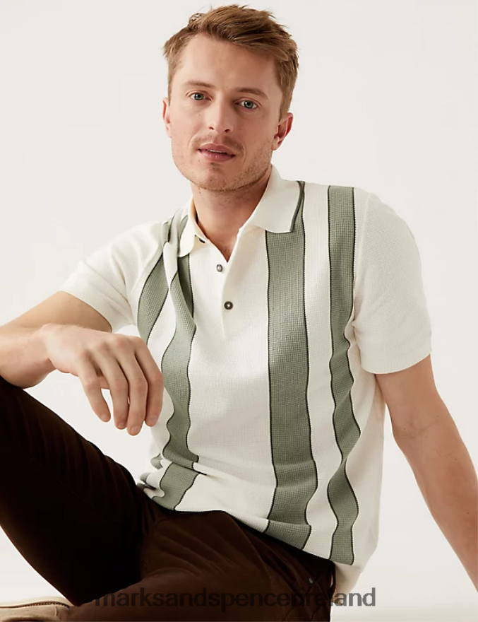 Marks & Spencer Men Cotton Rich Striped Knitted Polo Shirt Ecru Mix Clothing 2VJ8DF6592