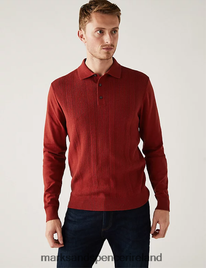 Marks & Spencer Men Cotton Rich Textured Knitted Polo Shirt Copper Tan Clothing 2VJ8DF6219