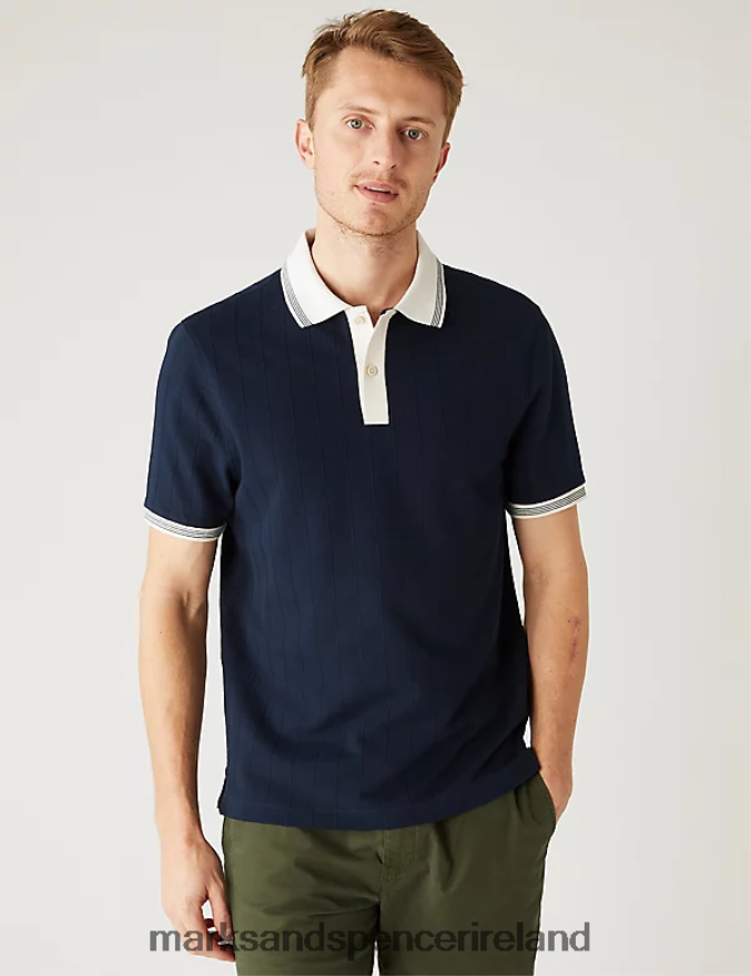 Marks & Spencer Men Cotton Rich Textured Polo Shirt Dark Navy Clothing 2VJ8DF5002