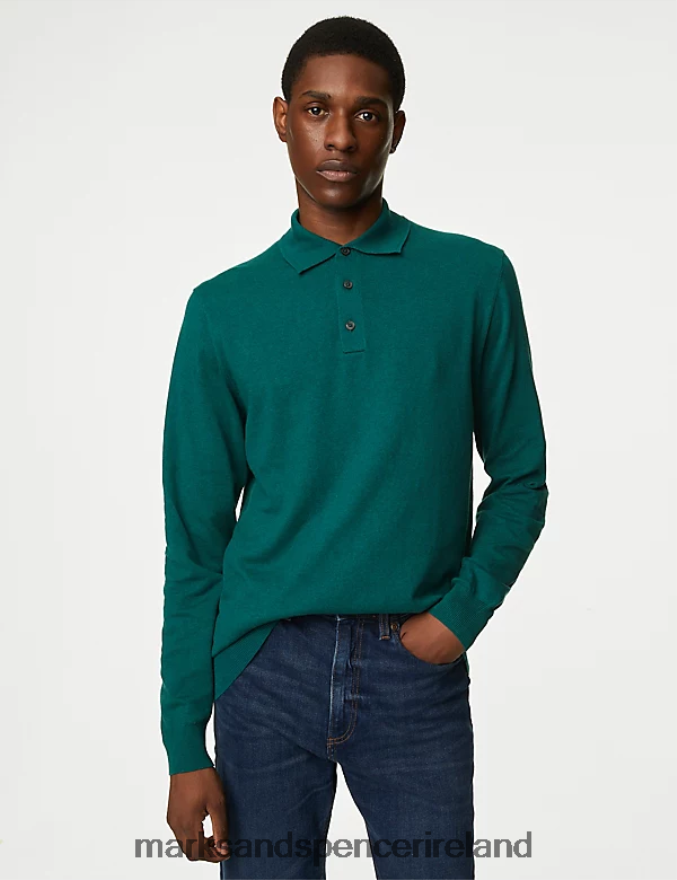 Marks & Spencer Men Cotton Rich Tipped Knitted Polo Shirt Bottle Green Clothing 2VJ8DF7173