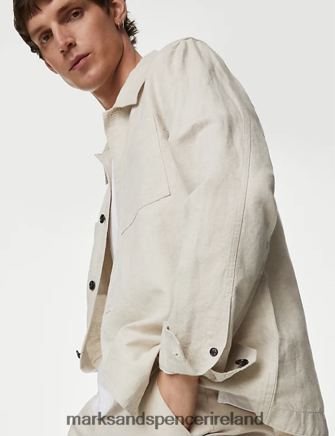 Marks & Spencer Men Easy Iron Linen Blend Overshirt Natural Clothing 2VJ8DF5723