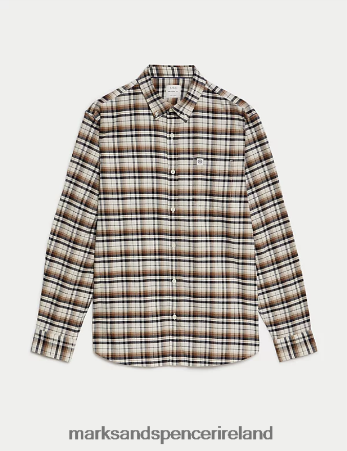 Marks & Spencer Men Easy Iron Pure Cotton Check Oxford Shirt Ecru Mix Clothing 2VJ8DF5071