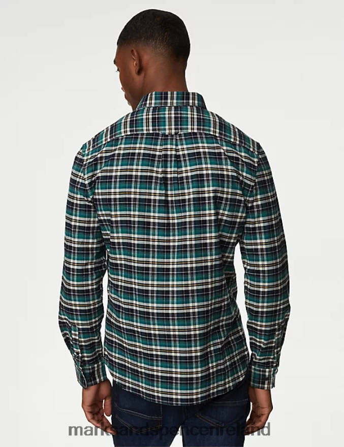 Marks & Spencer Men Easy Iron Pure Cotton Check Oxford Shirt Green Mix Clothing 2VJ8DF5067