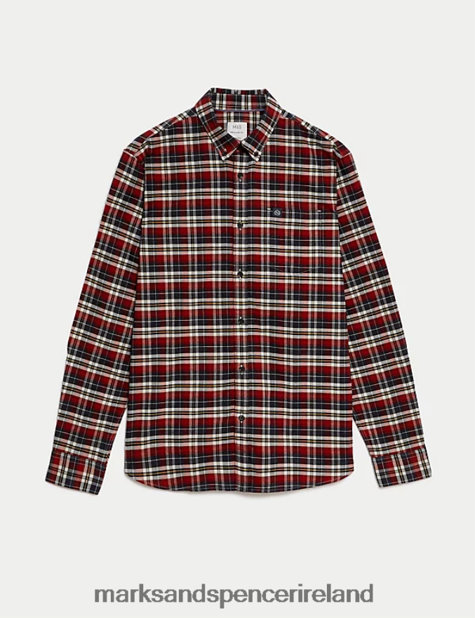Marks & Spencer Men Easy Iron Pure Cotton Check Oxford Shirt Red Mix Clothing 2VJ8DF5068