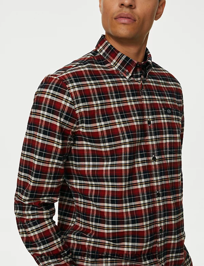 Marks & Spencer Men Easy Iron Pure Cotton Check Oxford Shirt Red Mix Clothing 2VJ8DF5068