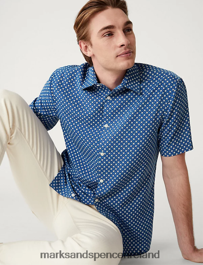 Marks & Spencer Men Geometric Print Shirt Blue Mix Clothing 2VJ8DF5186