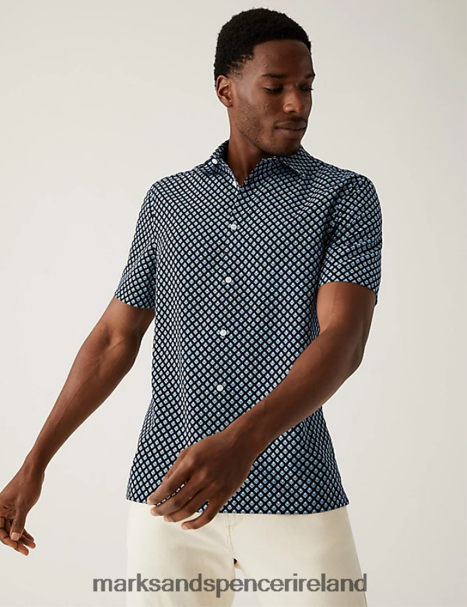 Marks & Spencer Men Geometric Print Shirt Navy Mix Clothing 2VJ8DF6682