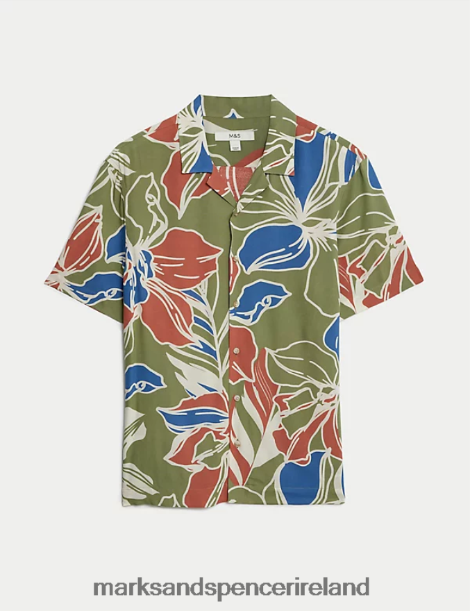 Marks & Spencer Men Hawaiian Cuban Collar Shirt Green Mix Clothing 2VJ8DF5374