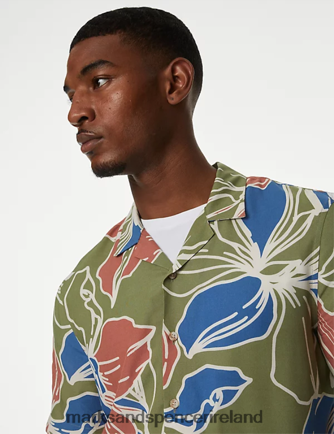 Marks & Spencer Men Hawaiian Cuban Collar Shirt Green Mix Clothing 2VJ8DF5374