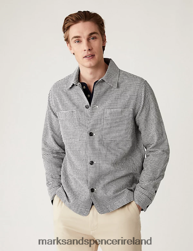 Marks & Spencer Men Linen Blend Check Overshirt Natural Clothing 2VJ8DF4993