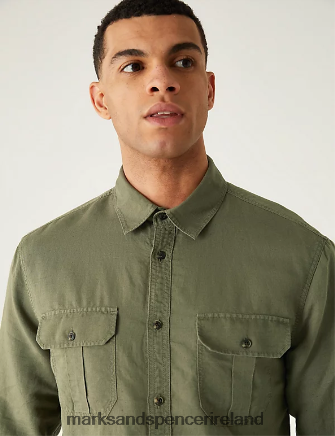 Marks & Spencer Men Linen Blend Shirt Khaki Clothing 2VJ8DF4909