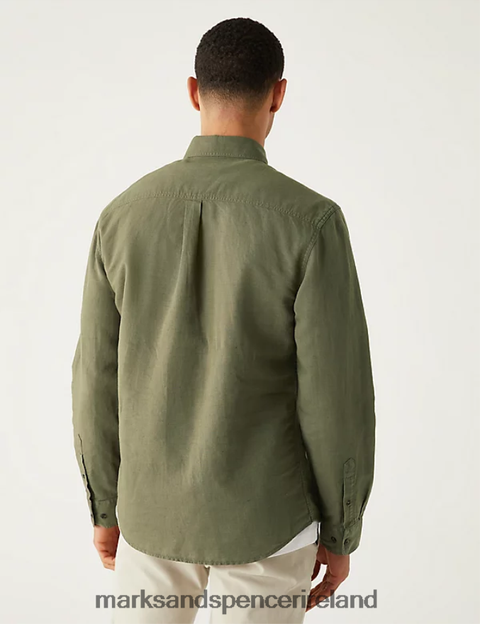 Marks & Spencer Men Linen Blend Shirt Khaki Clothing 2VJ8DF4909