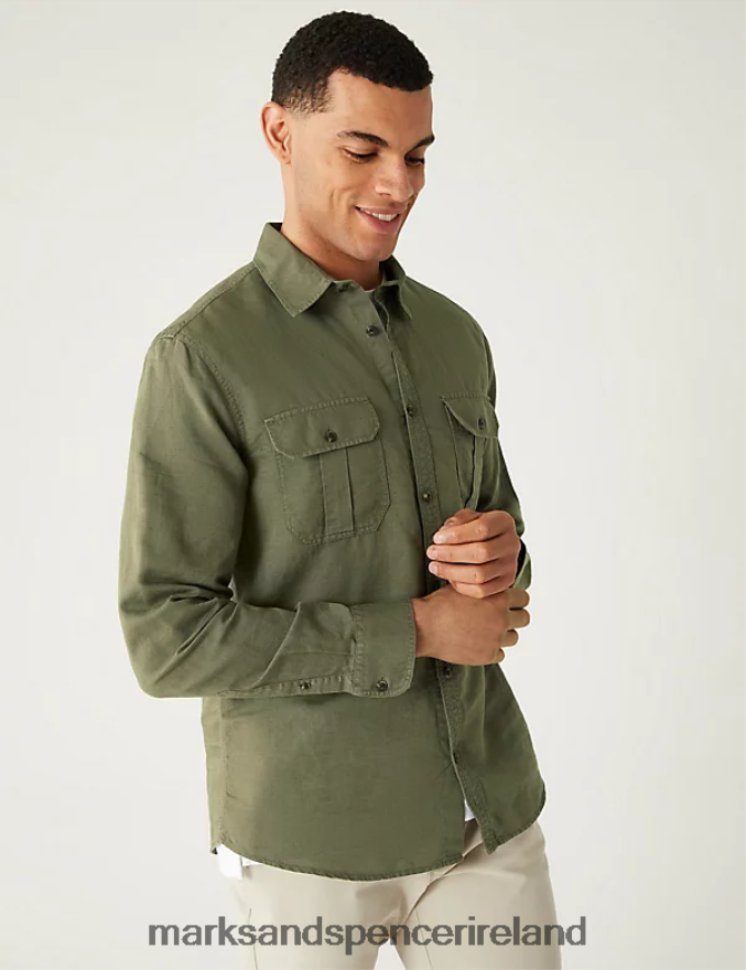 Marks & Spencer Men Linen Blend Shirt Khaki Clothing 2VJ8DF4909