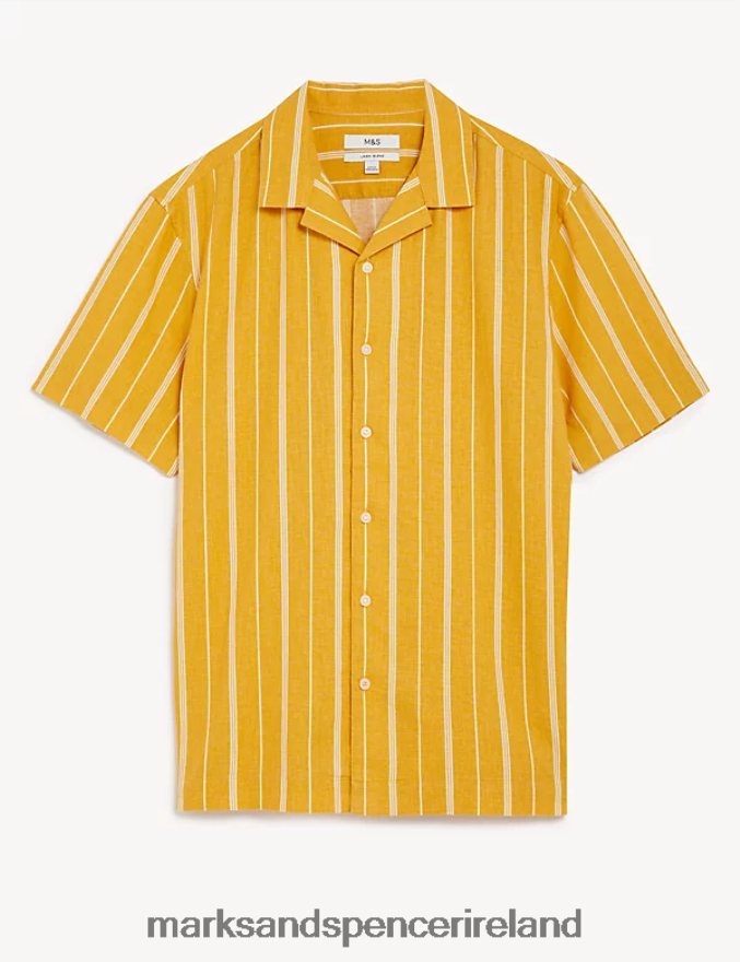 Marks & Spencer Men Linen Blend Striped Cuban Collar Shirt Yellow Mix Clothing 2VJ8DF6875
