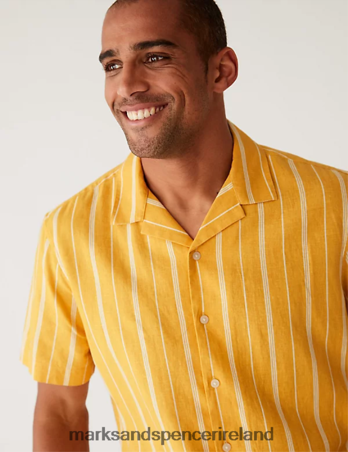 Marks & Spencer Men Linen Blend Striped Cuban Collar Shirt Yellow Mix Clothing 2VJ8DF6875