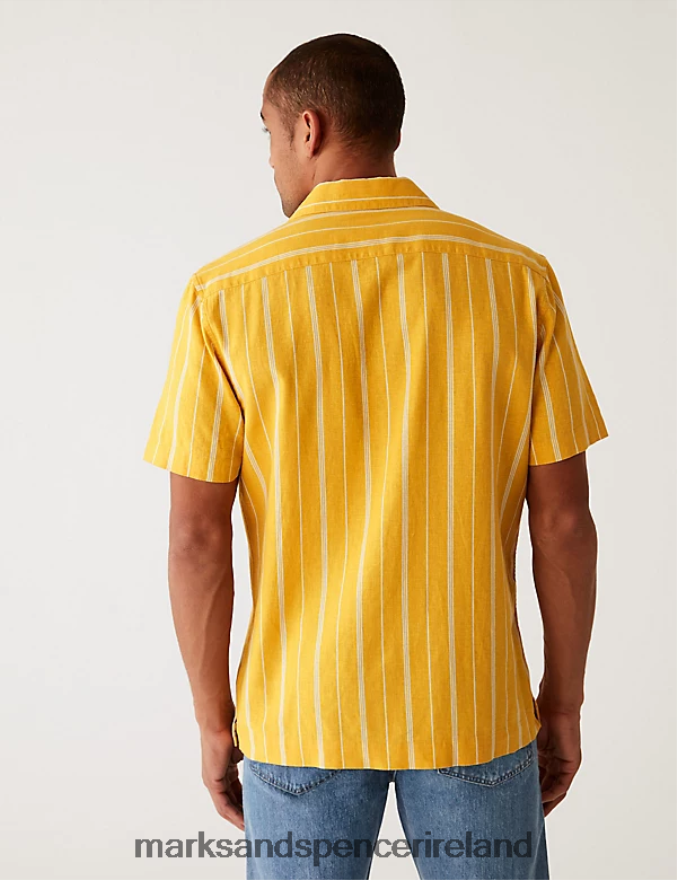 Marks & Spencer Men Linen Blend Striped Cuban Collar Shirt Yellow Mix Clothing 2VJ8DF6875