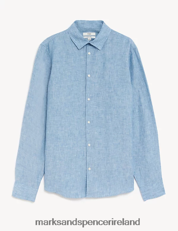 Marks & Spencer Men Longer Length Pure Linen Shirt Light Blue Clothing 2VJ8DF5353