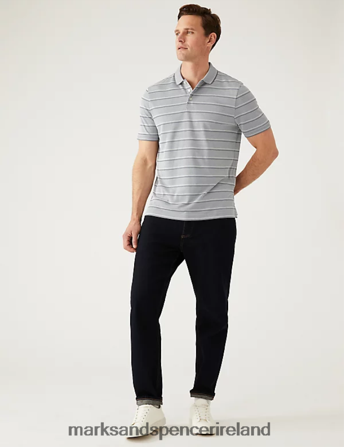 Marks & Spencer Men Modal Rich Striped Polo Shirt Grey Clothing 2VJ8DF5542