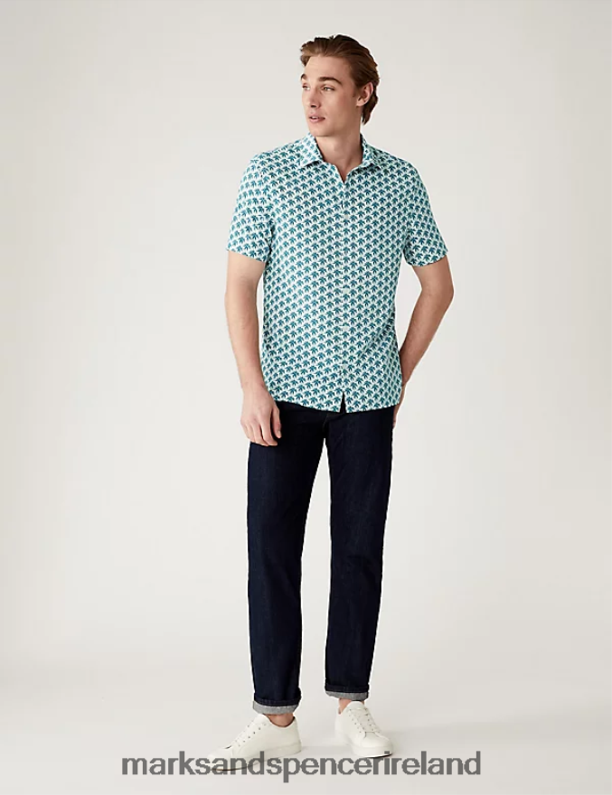 Marks & Spencer Men Palm Print Shirt Teal Mix Clothing 2VJ8DF6701