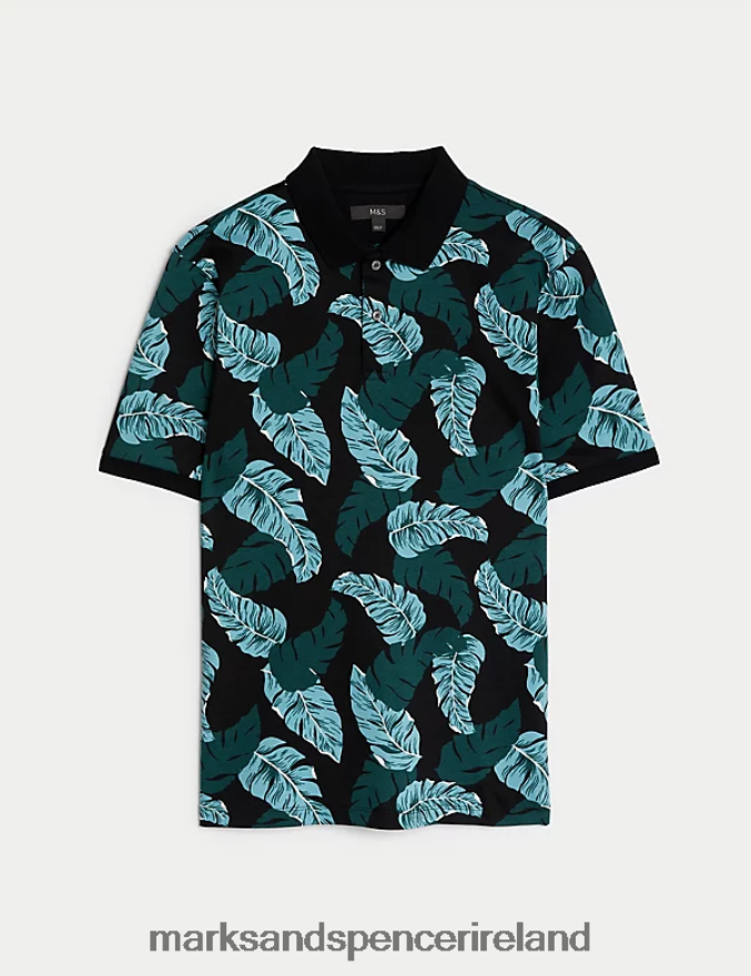 Marks & Spencer Men Pure Cotton Botanical Print Polo Shirt Black Mix Clothing 2VJ8DF6107
