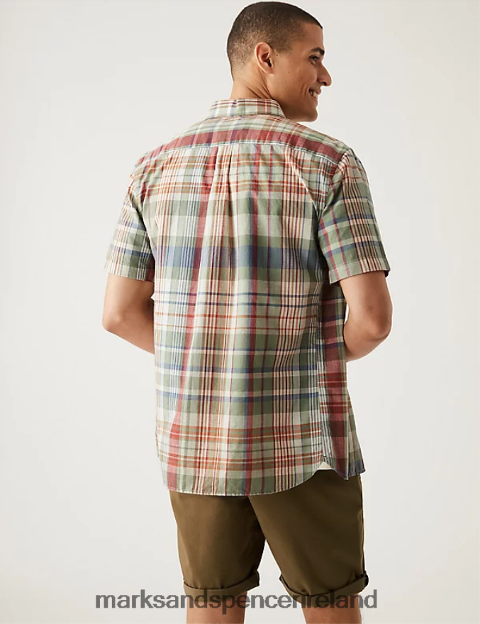 Marks & Spencer Men Pure Cotton Check Cuban Collar Shirt Green Mix Clothing 2VJ8DF6314