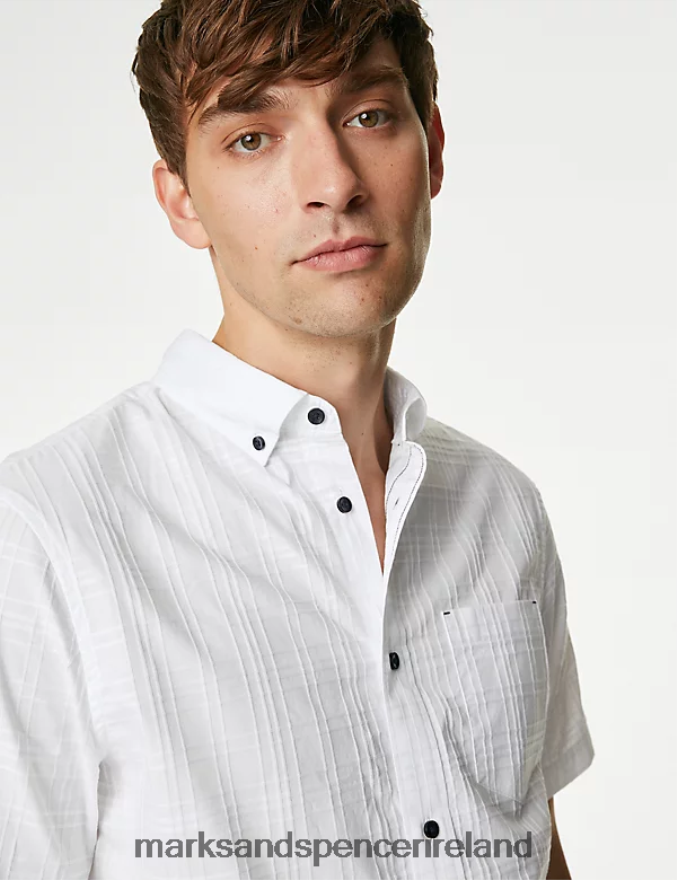 Marks & Spencer Men Pure Cotton Check Shirt White Clothing 2VJ8DF6641