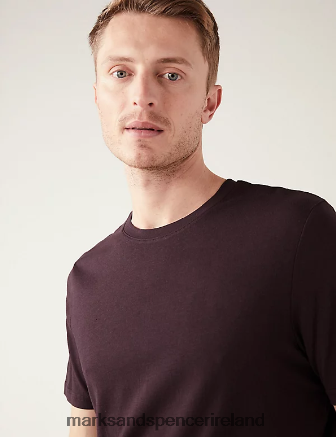 Marks & Spencer Men Pure Cotton Crew Neck T-Shirt Dark Burgundy Clothing 2VJ8DF143