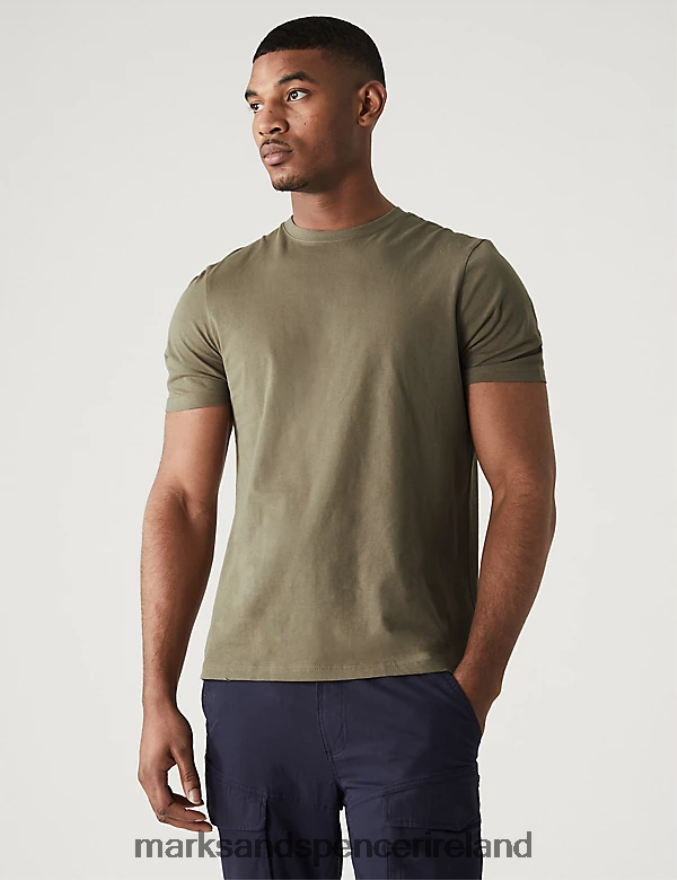 Marks & Spencer Men Pure Cotton Crew Neck T-Shirt Khaki Clothing 2VJ8DF160