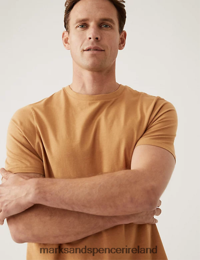 Marks & Spencer Men Pure Cotton Crew Neck T-Shirt Light Bronze Clothing 2VJ8DF139