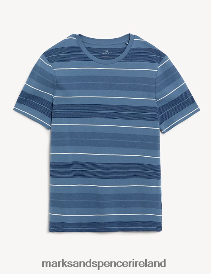 Marks & Spencer Men Pure Cotton Double Knit Striped T-Shirt Blue Mix Clothing 2VJ8DF5988
