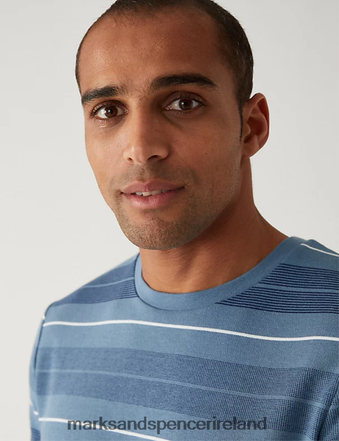 Marks & Spencer Men Pure Cotton Double Knit Striped T-Shirt Blue Mix Clothing 2VJ8DF5988