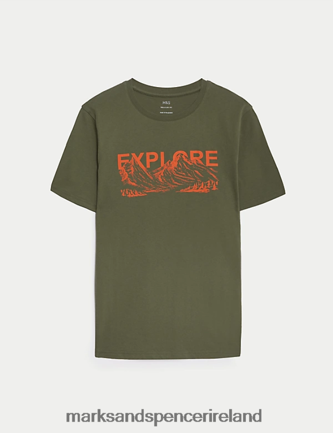 Marks & Spencer Men Pure Cotton Explore Graphic T-Shirt Medium Khaki Clothing 2VJ8DF5090