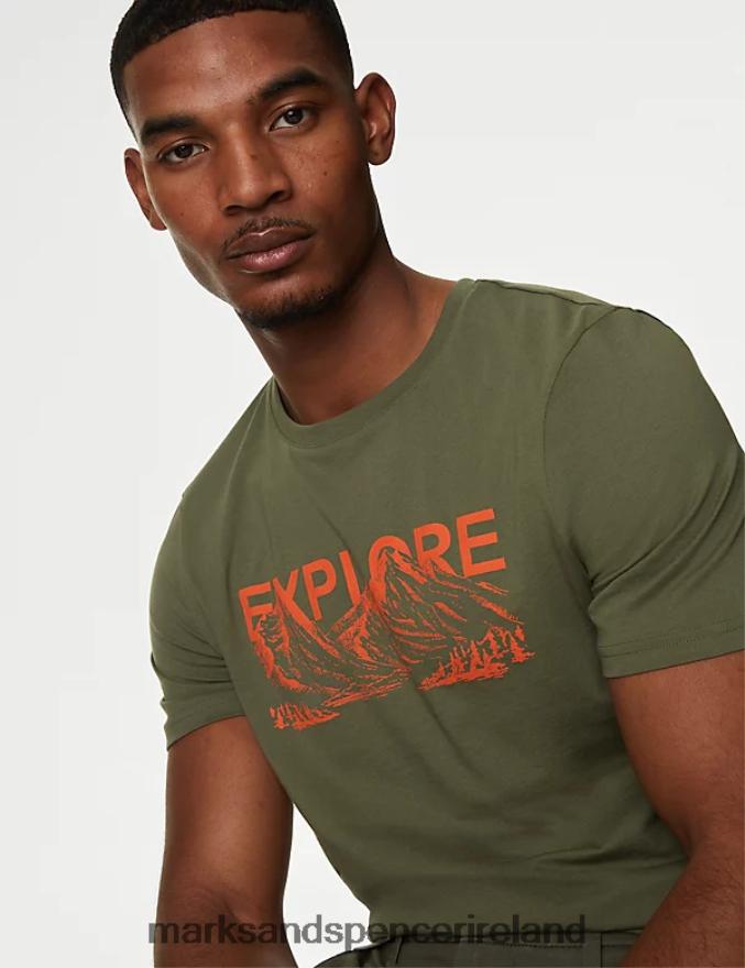 Marks & Spencer Men Pure Cotton Explore Graphic T-Shirt Medium Khaki Clothing 2VJ8DF5090