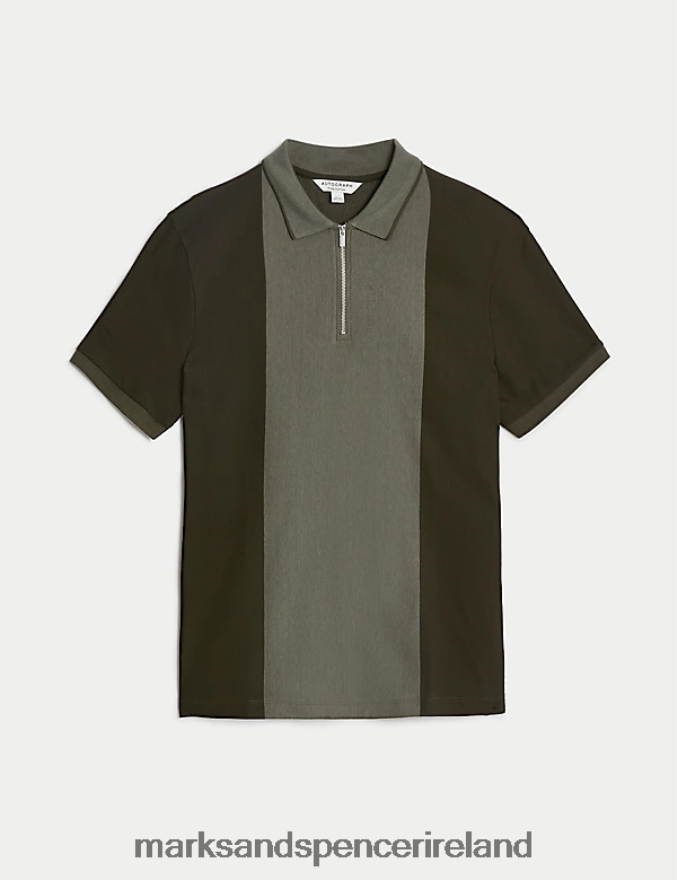 Marks & Spencer Men Pure Cotton Half Zip Colour Block Polo Shirt Evergreen Clothing 2VJ8DF4919