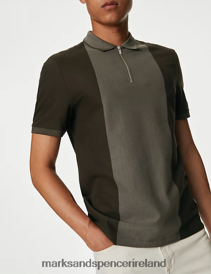 Marks & Spencer Men Pure Cotton Half Zip Colour Block Polo Shirt Evergreen Clothing 2VJ8DF4919