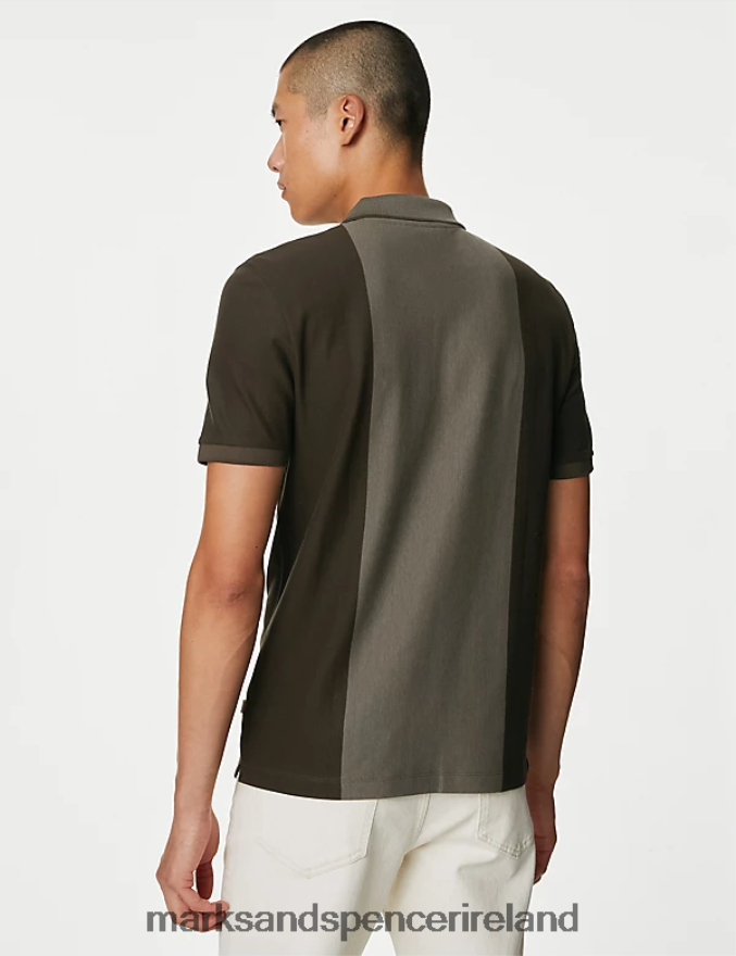 Marks & Spencer Men Pure Cotton Half Zip Colour Block Polo Shirt Evergreen Clothing 2VJ8DF4919