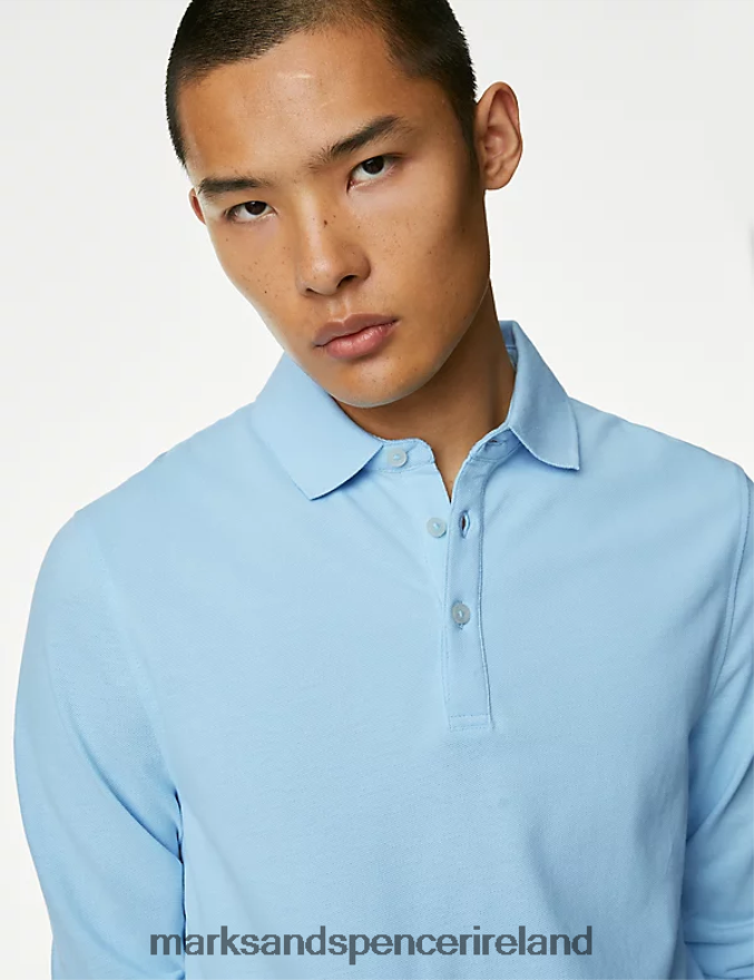 Marks & Spencer Men Pure Cotton Long Sleeve Polo Shirt Pale Blue Clothing 2VJ8DF7376