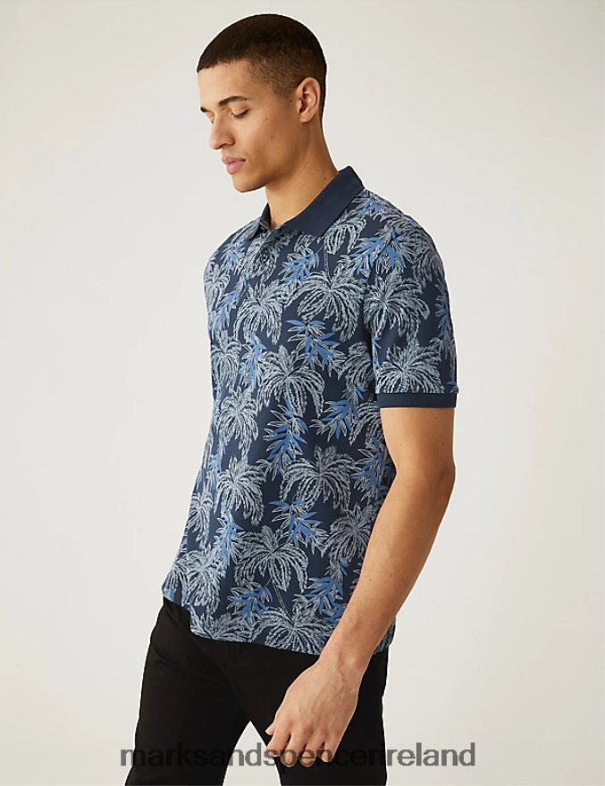 Marks & Spencer Men Pure Cotton Palm Print Polo Shirt Dark Navy Clothing 2VJ8DF6625