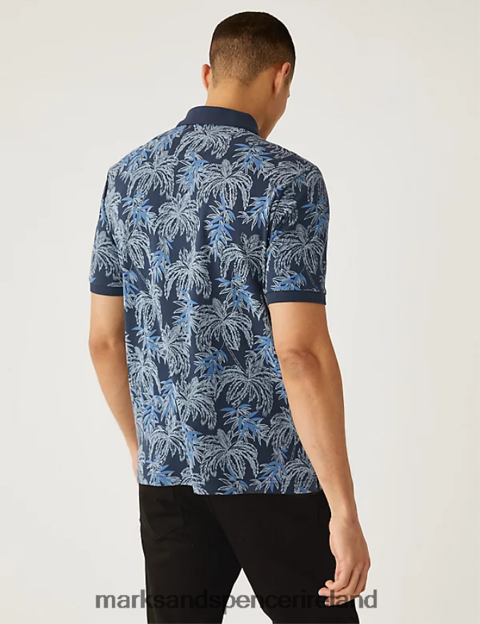 Marks & Spencer Men Pure Cotton Palm Print Polo Shirt Dark Navy Clothing 2VJ8DF6625