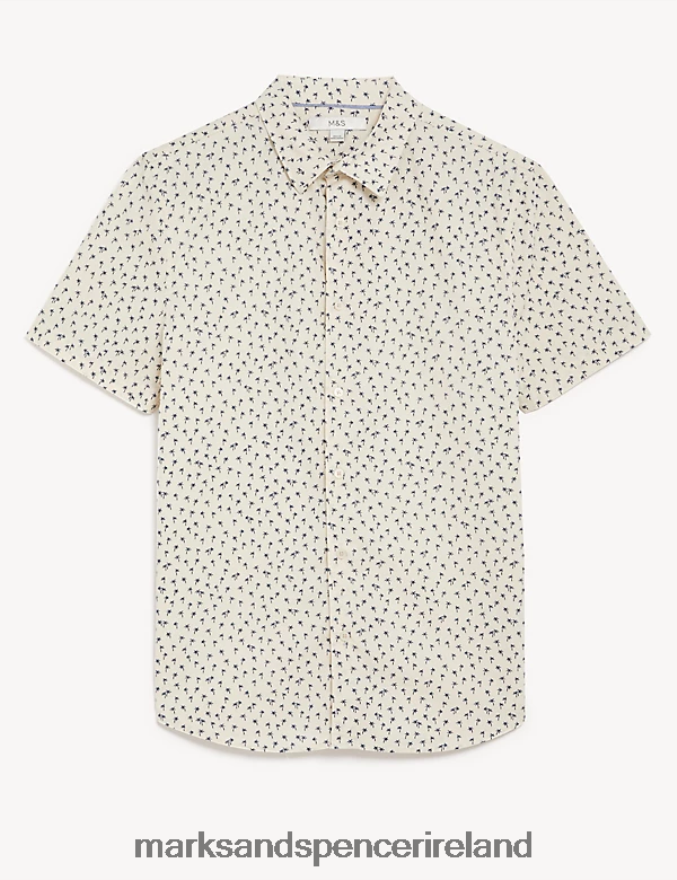 Marks & Spencer Men Pure Cotton Palm Tree Print Shirt Ecru Clothing 2VJ8DF6331